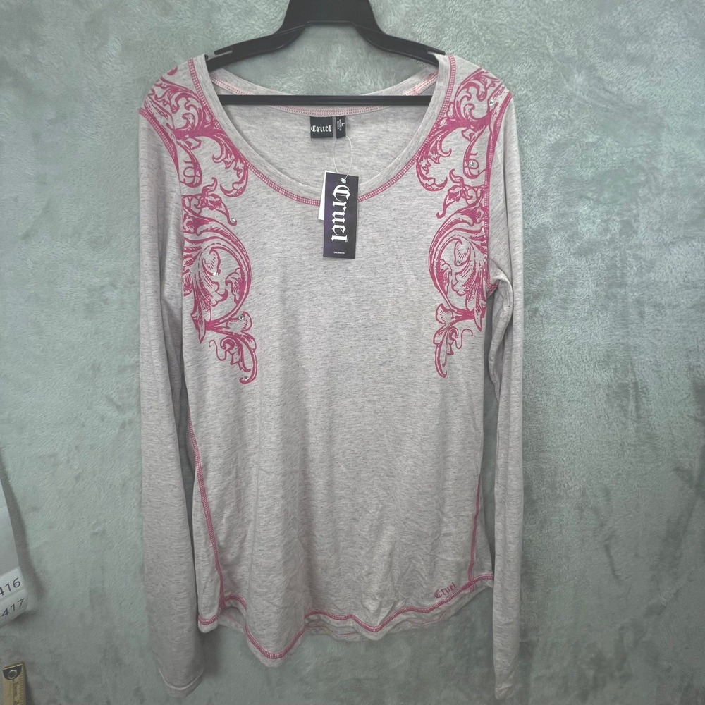 Cruel Long Sleeve Scoop Neck Filigree Rhinestone Top Gray Pink Westerncore‎ Y2K
